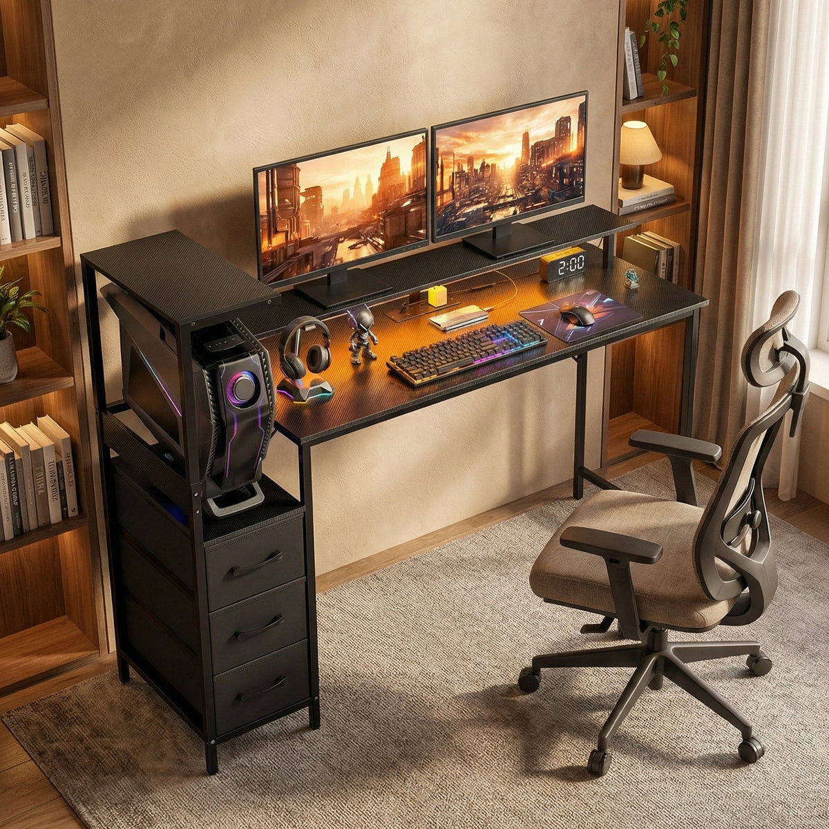 Black gaming desk with monitor stand, RGB accents, and side tower with three drawers