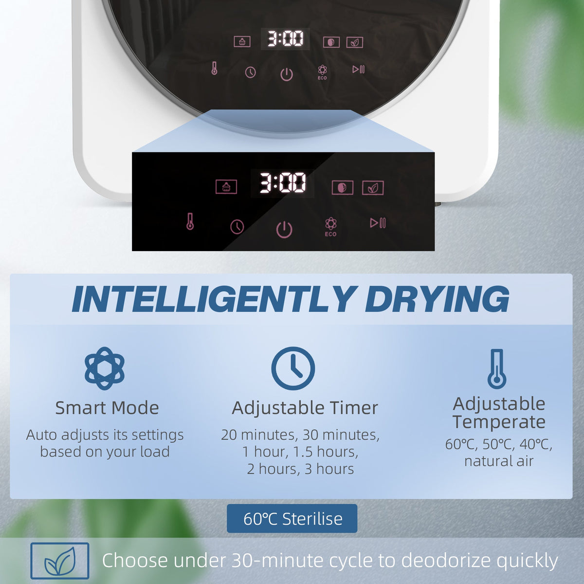 Front panel with digital controls on a white compact tumble dryer