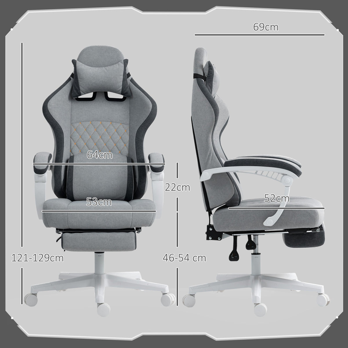 Grey ergonomic high-back chair with headrest, lumbar support, and recline footrest