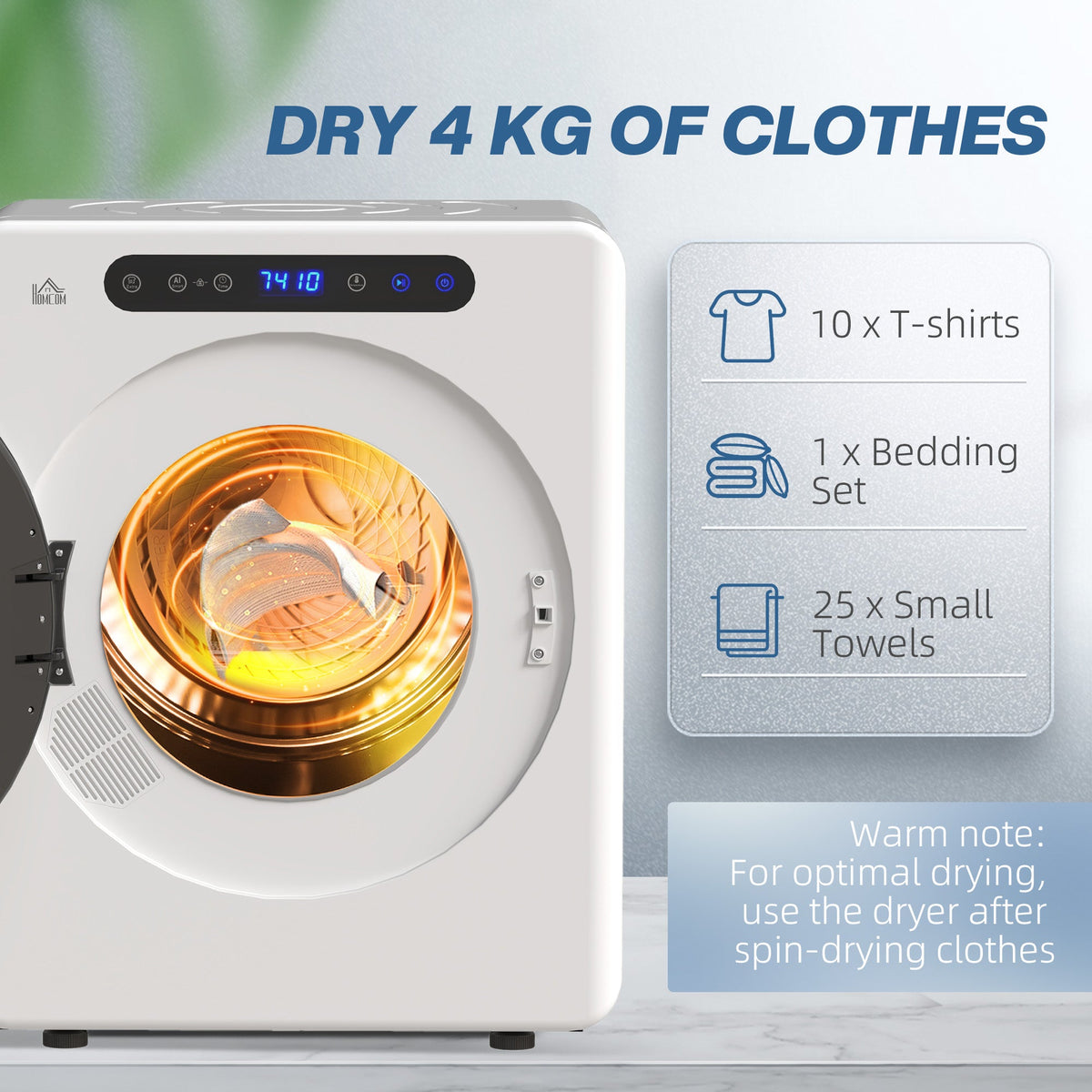 White front vented tumble dryer with open door and warm interior drum light