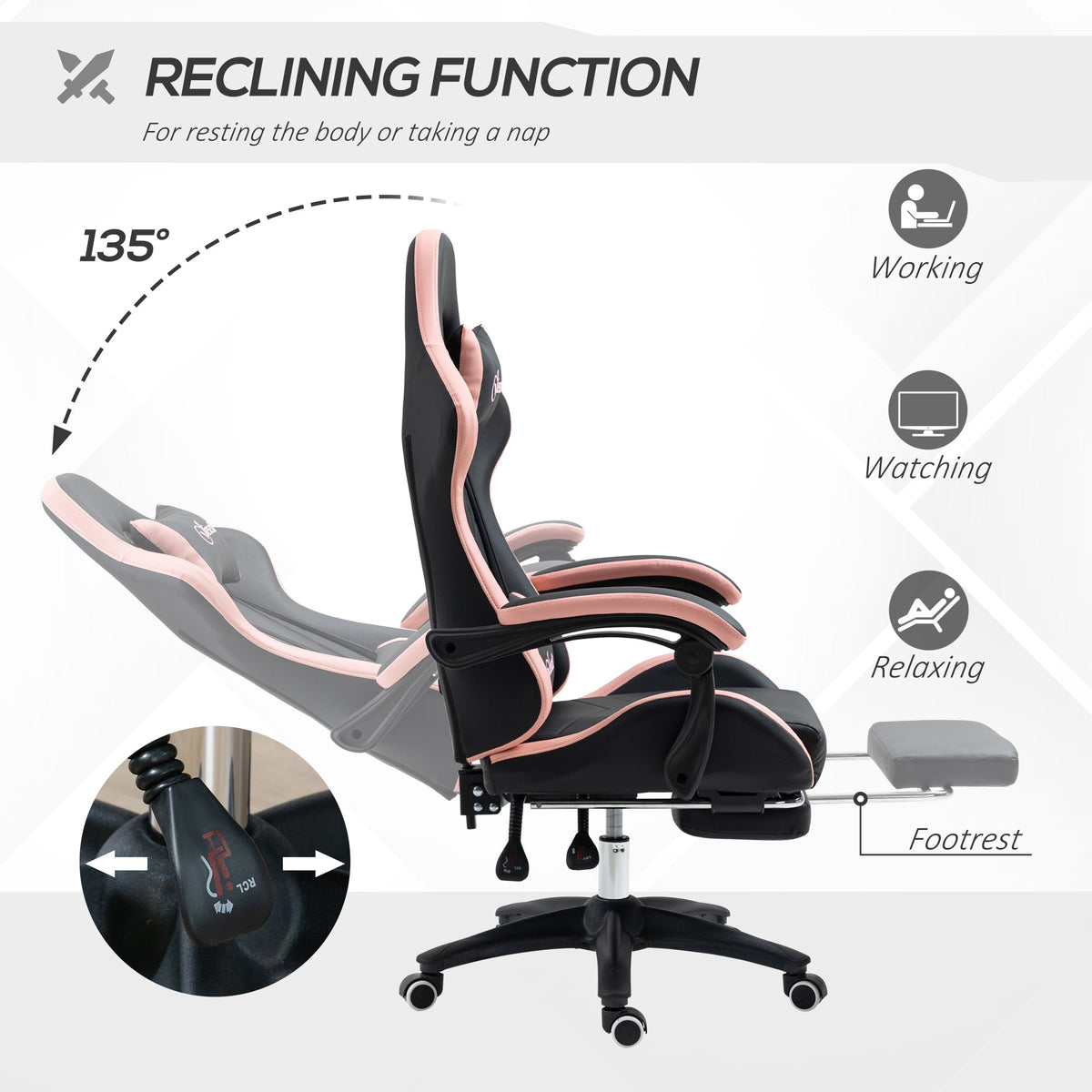 Black gaming chair reclines up to 135 degrees with footrest and pink-trimmed armrests