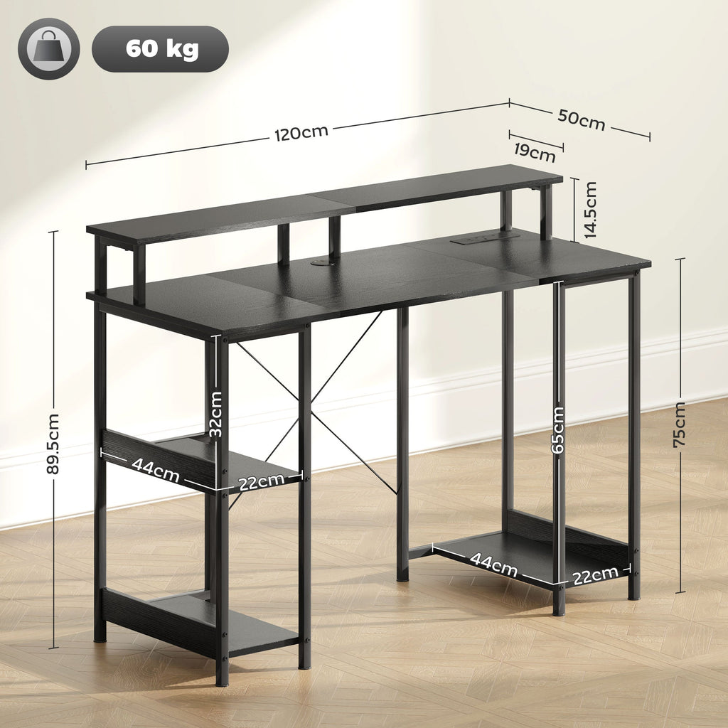 Black reversible computer desk with monitor stand and side shelves, shown with measurements