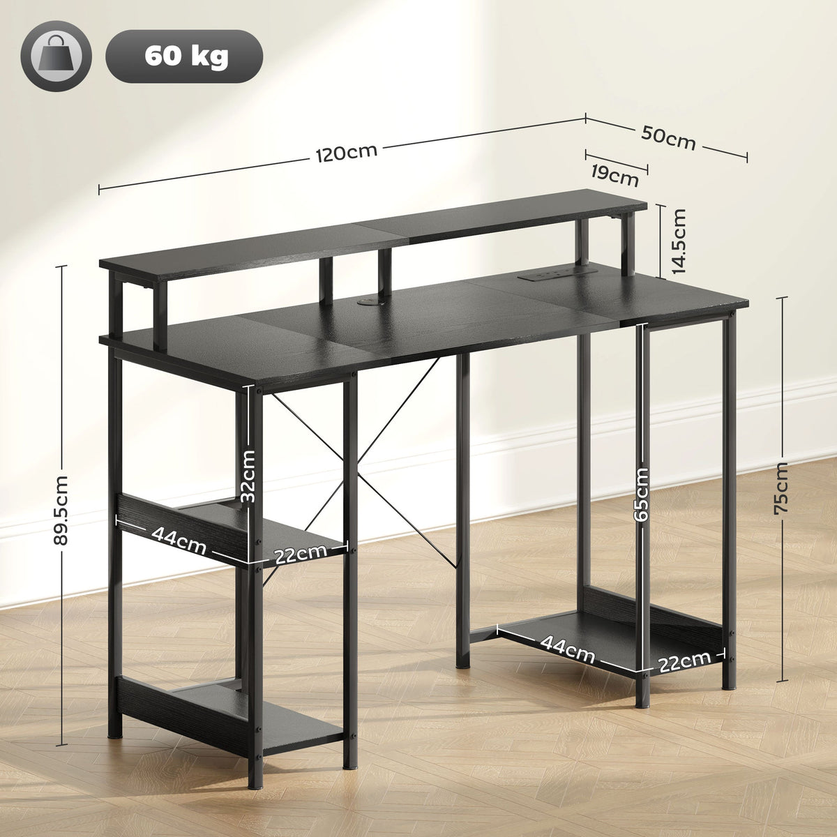 Black reversible computer desk with monitor stand and side shelves, shown with measurements