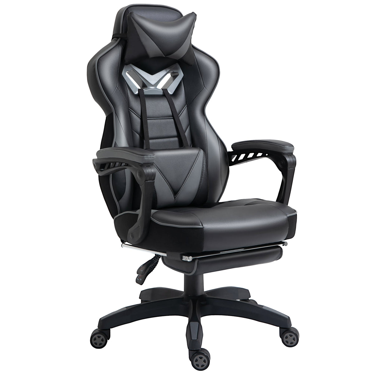 Gaming chair with headrest, lumbar support, padded arms, swivel casters, dark grey PU