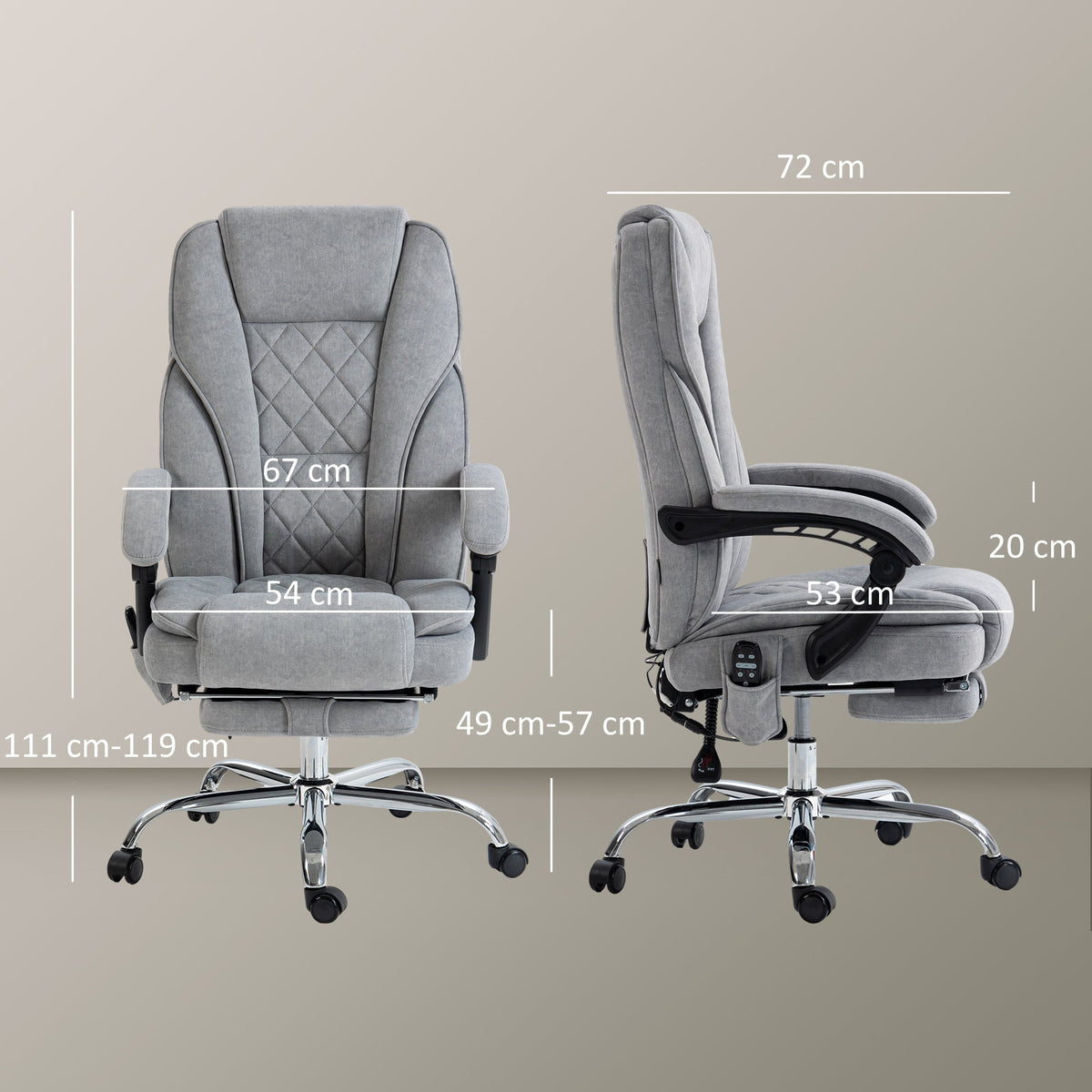 Grey reclining office chair with padded seat, headrest, and adjustable height base