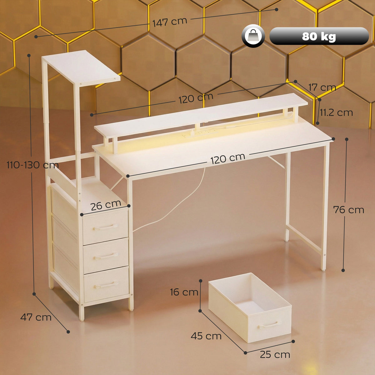 White gaming desk with side drawer cabinet, open shelf, and lower tray platform