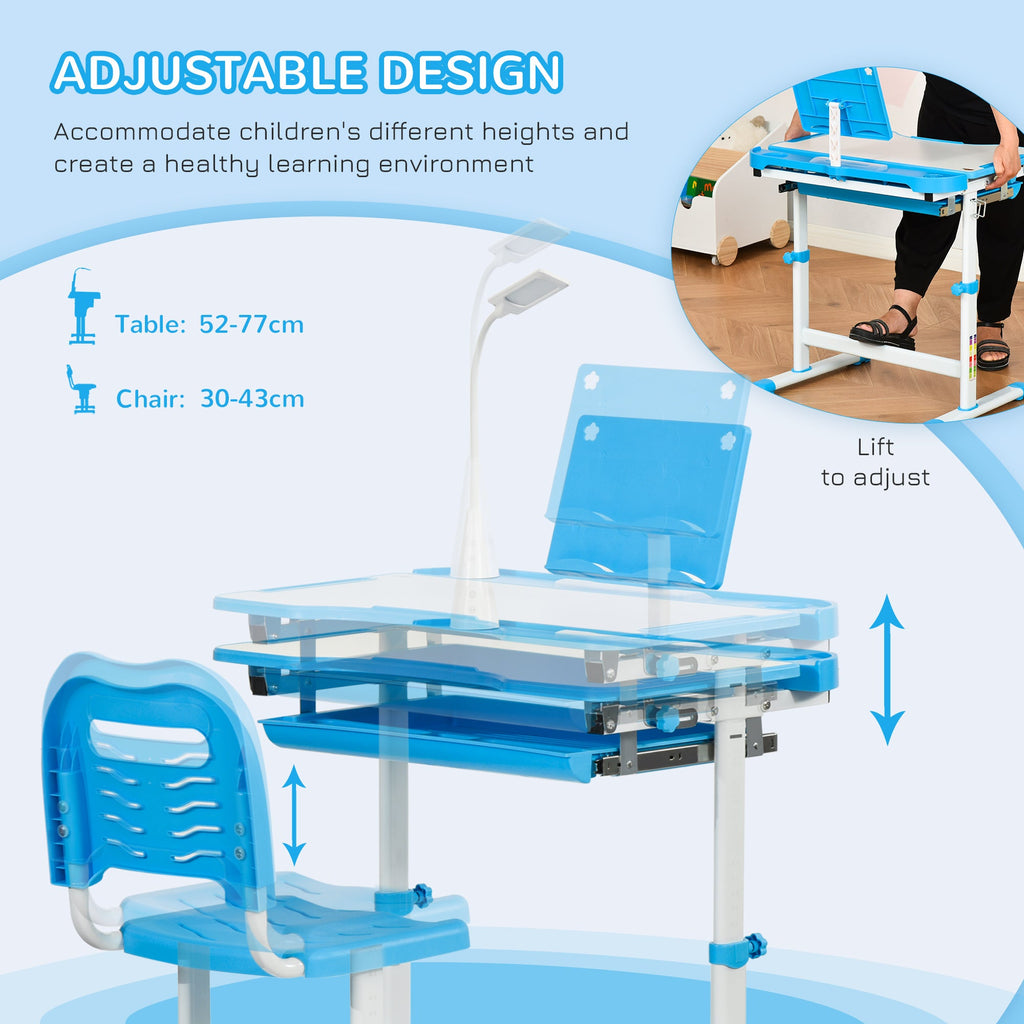 Kids study desk and chair set with lift-adjustable tabletop and blue chair seat