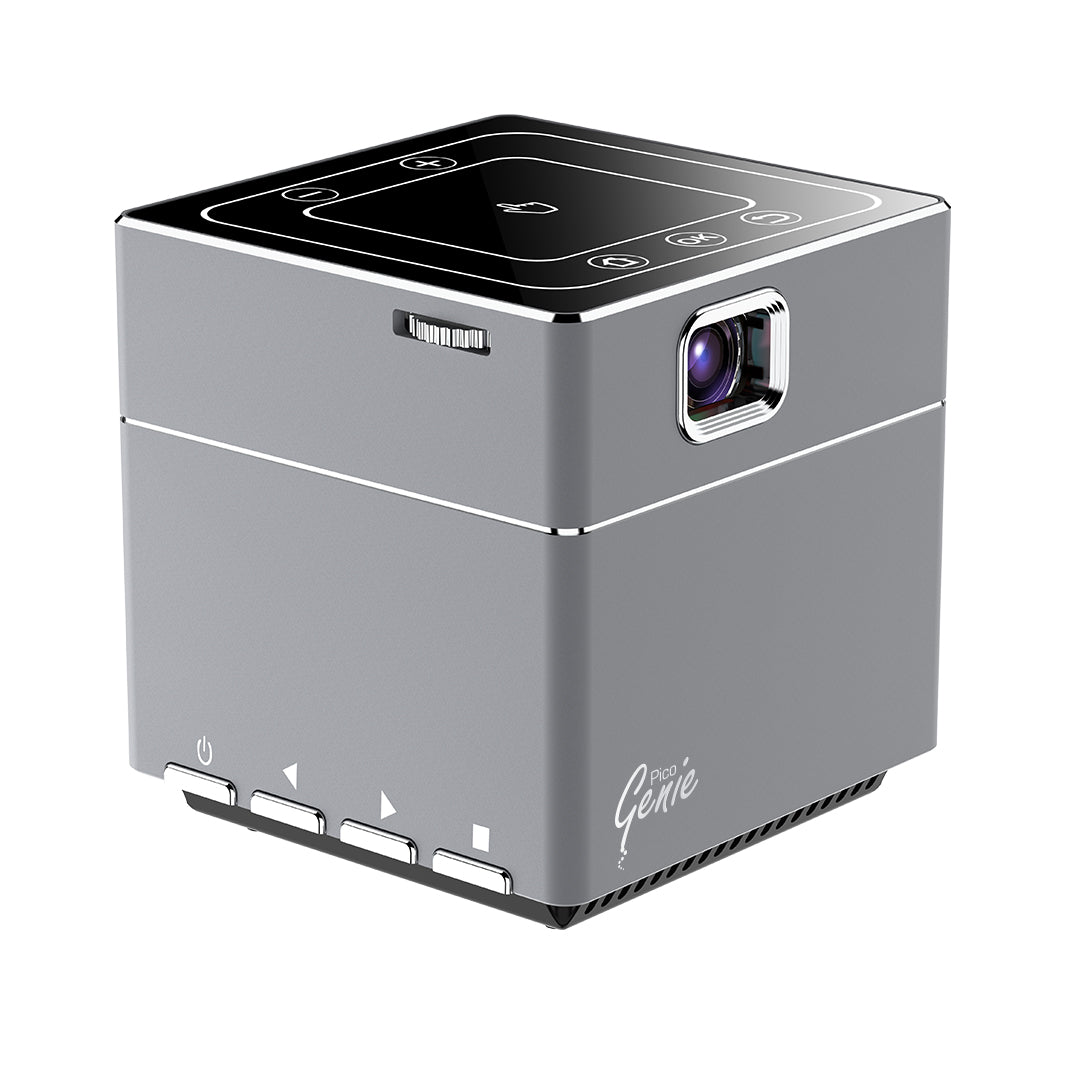 Gray ultra-portable smart LED projector with top touch panel, front lens, and side vents