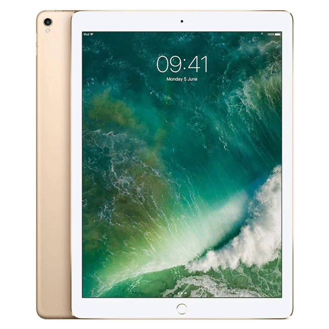 Gold iPad Pro 12.9 Wi-Fi tablet front and back, home button visible