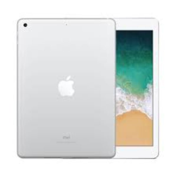Silver iPad tablet showing front screen and back Apple logo with rear camera