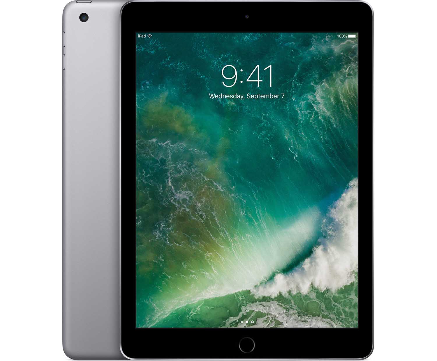 Grey iPad tablet with front display and rear housing, oval home button