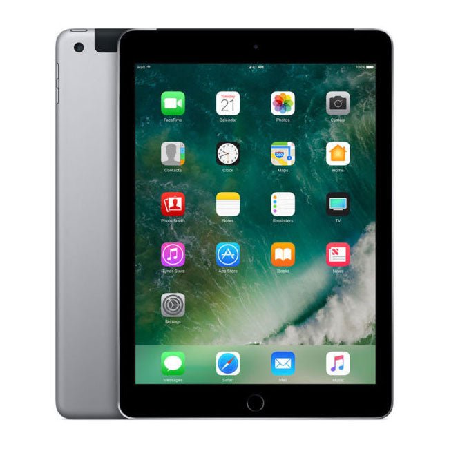 Space grey iPad tablet with front display and home button, Wi‑Fi model