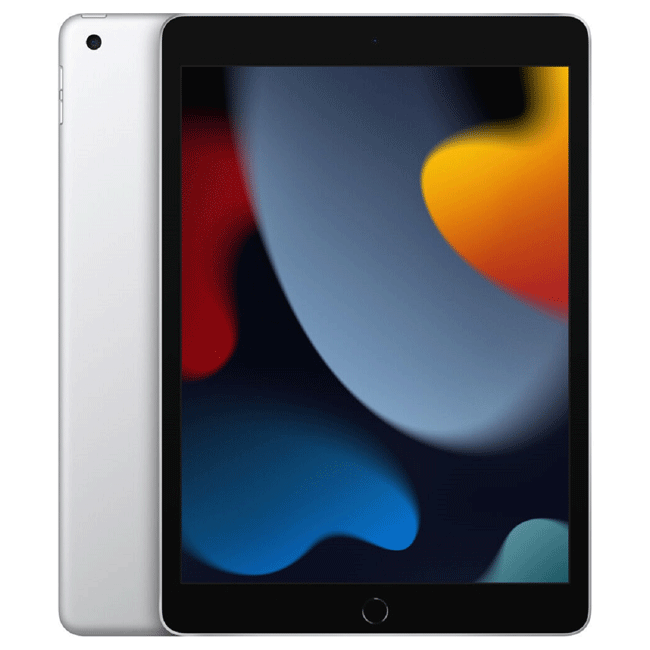 Refurbished iPad tablet with silver back and front display, home button visible