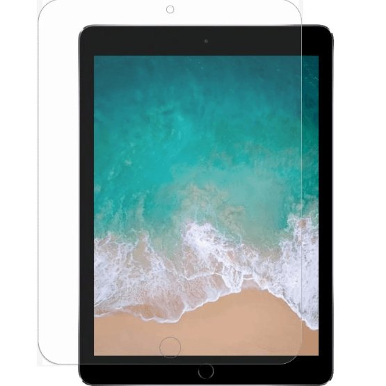 iPad 9.7 tempered glass screen protector with clear, flat touchscreen cover