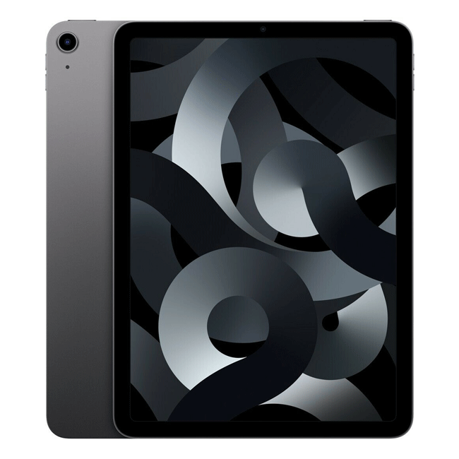Refurbished iPad Air 5 tablet, Space Grey, front and back view with abstract display