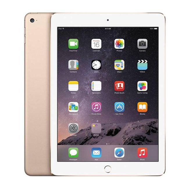 Gold iPad Air 2 tablet with front home button and built-in screen