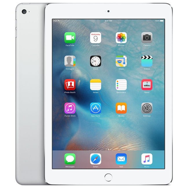 Silver iPad Air tablet with front screen and round home button