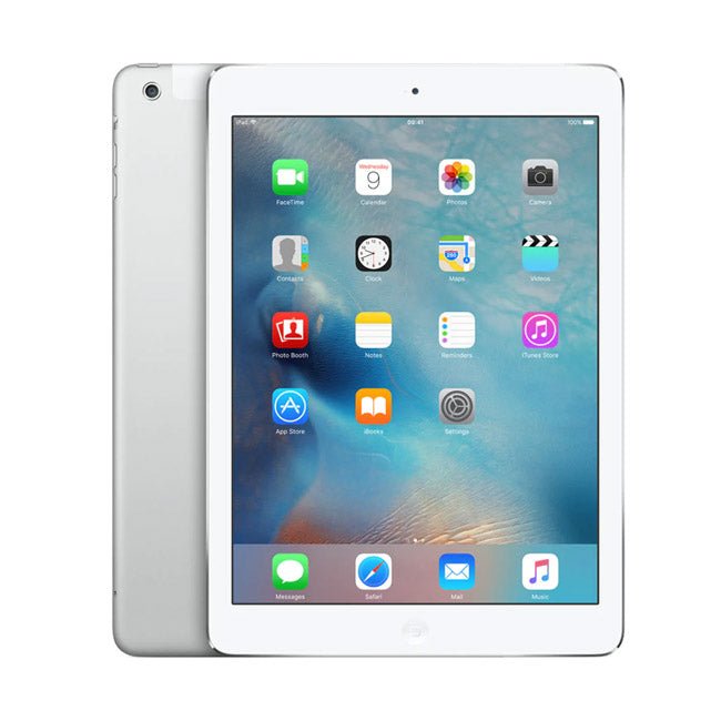 Silver iPad Air tablet with front screen and home button