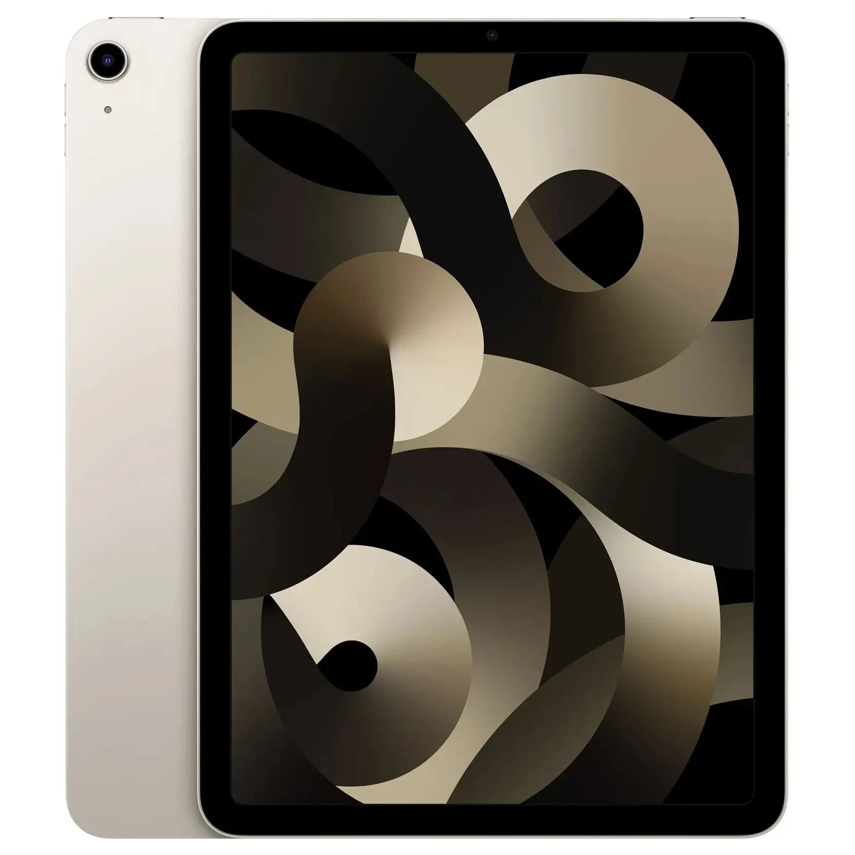 iPad Air 5 tablet, light back with beige abstract screen.