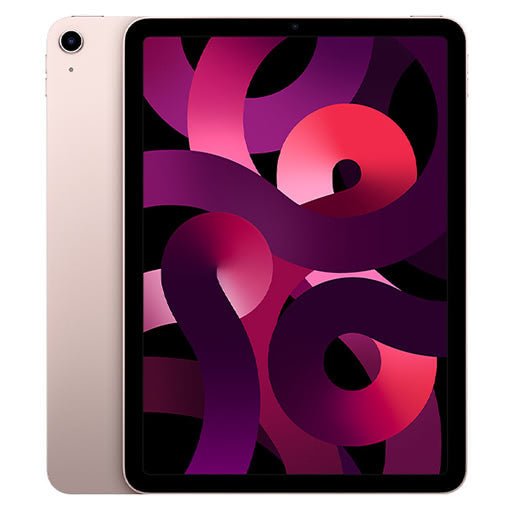 iPad Air 5 tablet, pink back with magenta abstract screen.