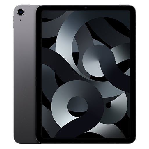 iPad Air 5 tablet, dark gray back with gray abstract screen.