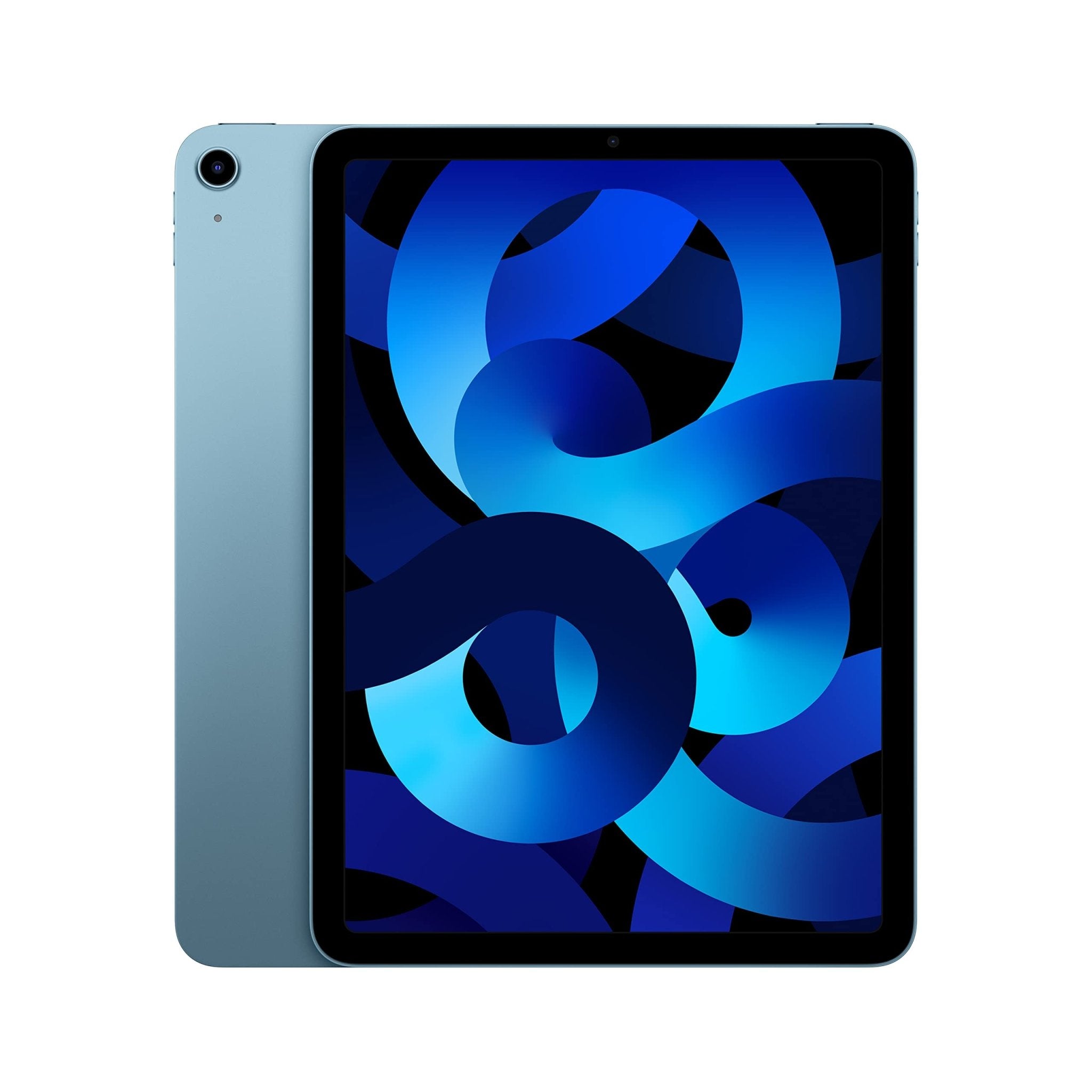 Blue iPad Air with black front display and blue abstract wallpaper