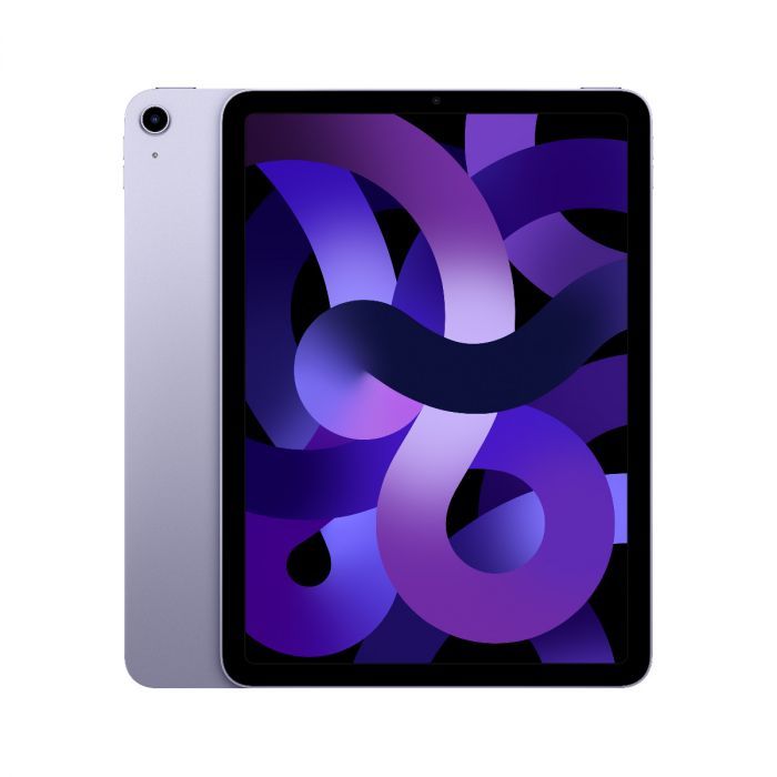 Purple iPad Air with black front display and purple abstract wallpaper