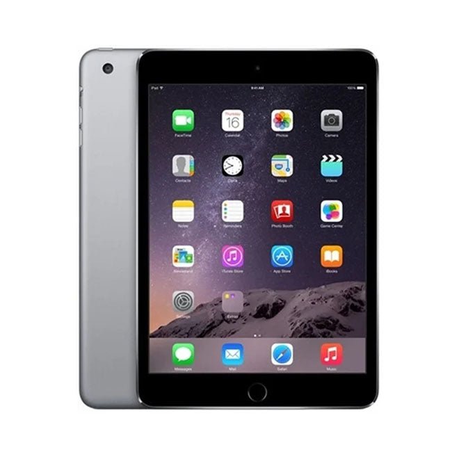Space gray iPad mini tablet with black front and home button, showing app icons on screen.