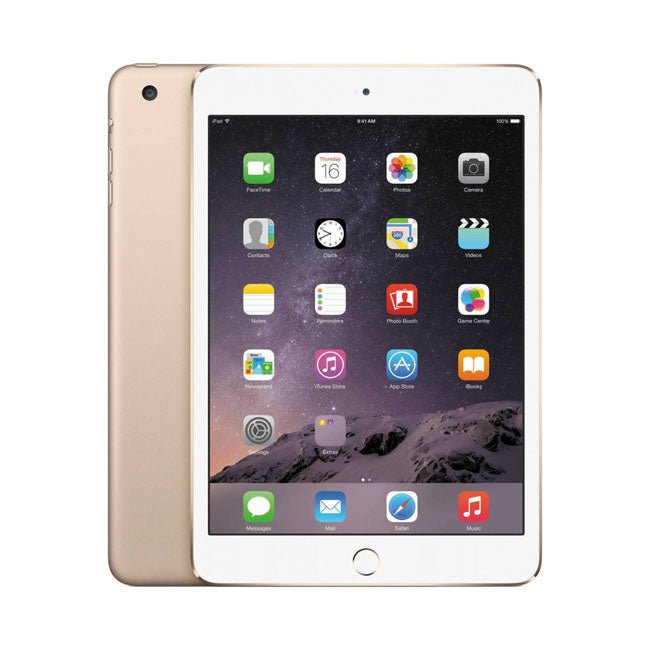 Gold iPad mini tablet with white front and home button, showing app icons on screen.