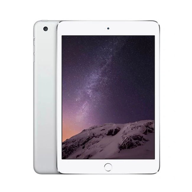 Silver iPad mini tablet with white front and home button, dark wallpaper on screen.