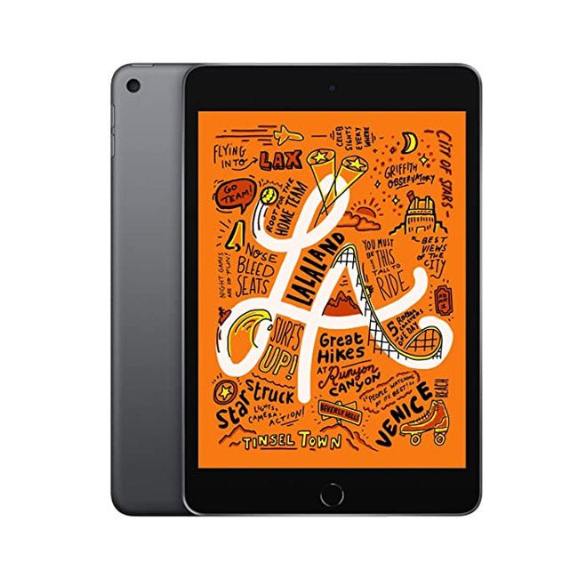 iPad mini 5 tablet with space grey back, black screen, home button visible