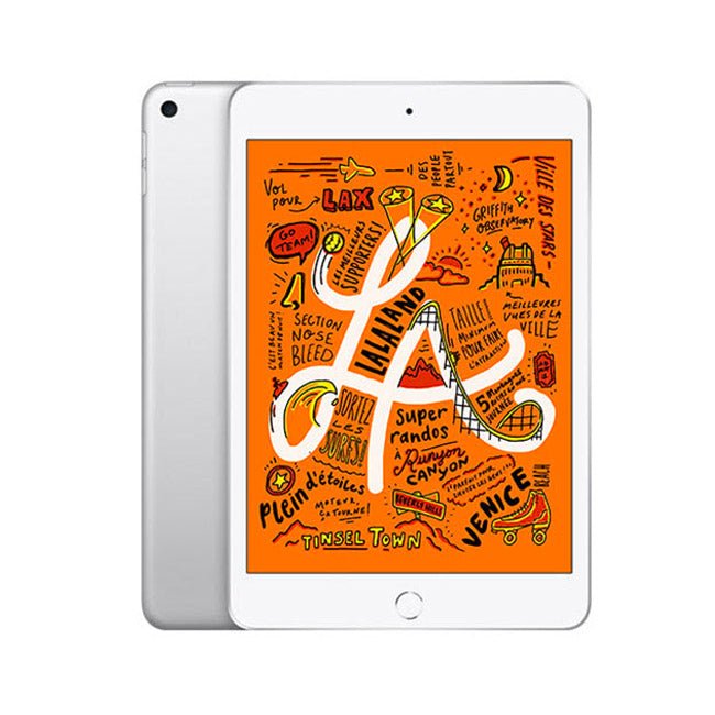 iPad mini 5 tablet with silver back and front touchscreen, home button visible