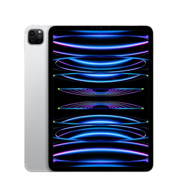 Grey iPad Pro 11-inch tablet showing back and front with blue neon screen lines