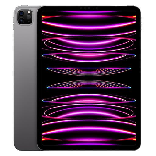 Space gray iPad Pro 11-inch tablet with front and back, neon purple screen waves