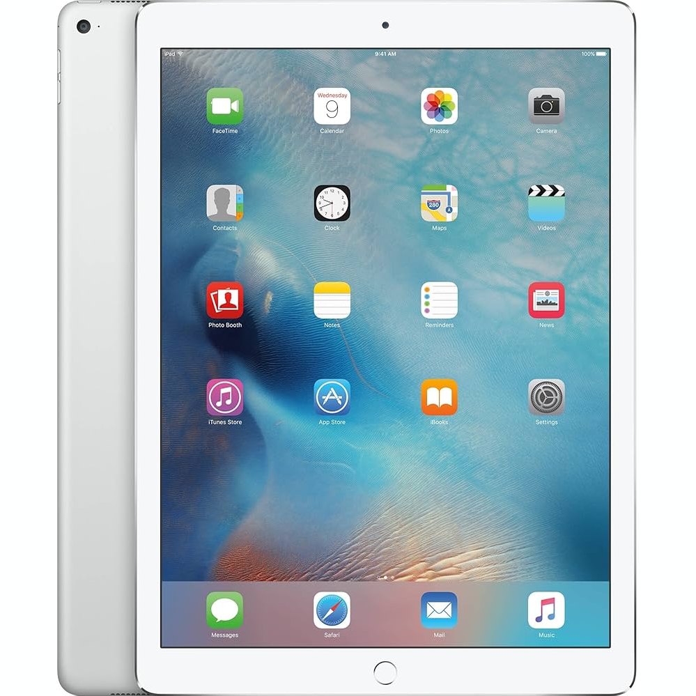 Silver iPad Pro 12.9 Wi-Fi tablet showing home screen app icons
