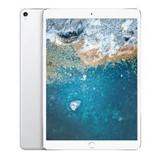 Silver iPad Pro 12.9 tablet front and back view, ocean-themed screen wallpaper