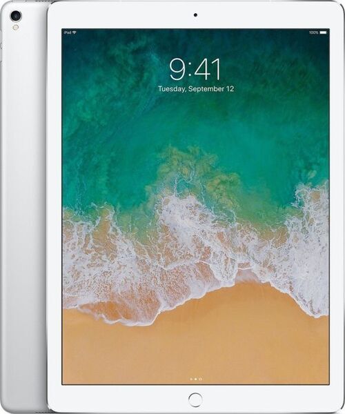 Silver iPad Pro 12.9 tablet front view with home button