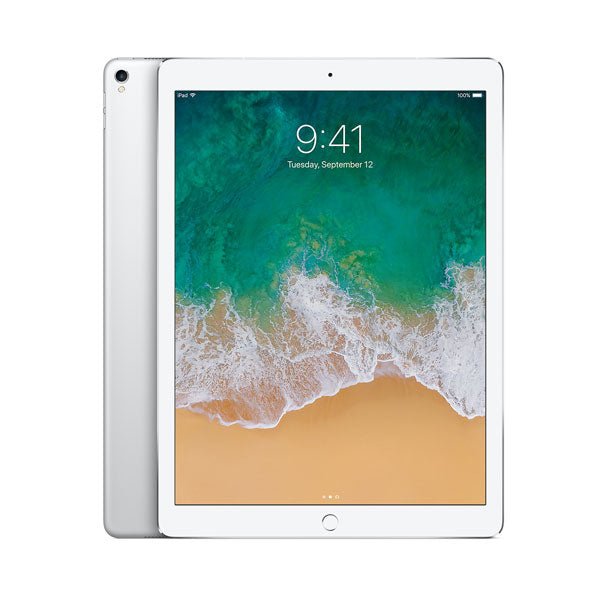 Refurbished iPad Pro 12.9 (2017) silver tablet showing front screen and home button.