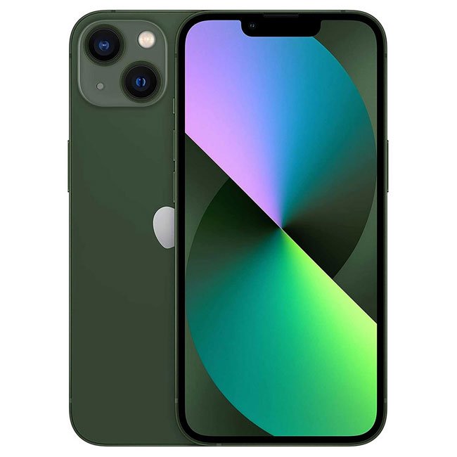 Unlocked iPhone 13 mini 128GB smartphone in Green, dual rear cameras and Apple logo
