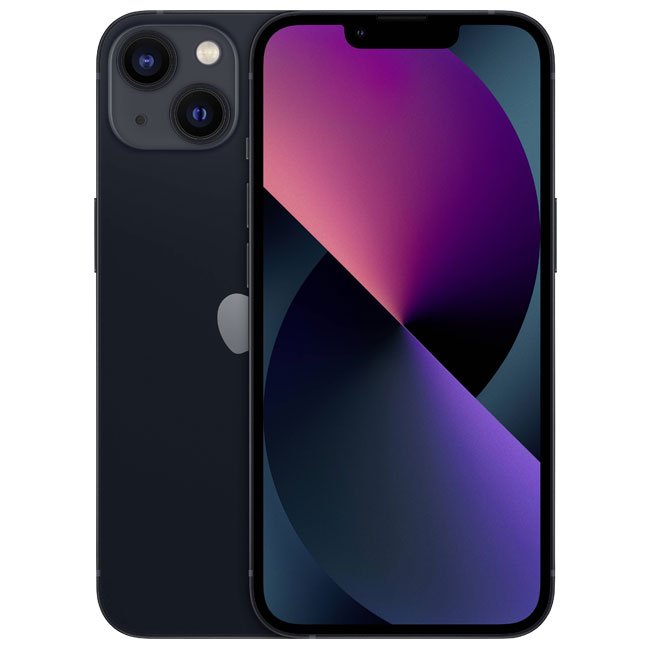 Unlocked iPhone 13 mini 128GB smartphone in Midnight, dual rear cameras and Apple logo