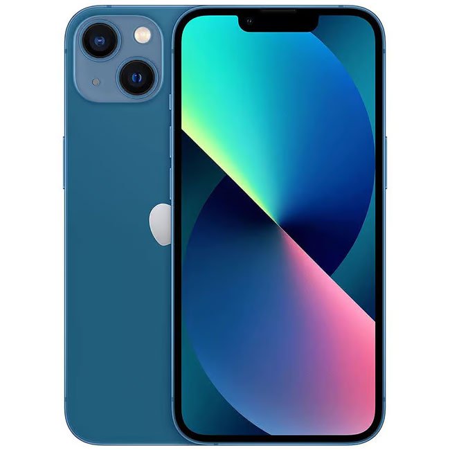 Unlocked iPhone 13 mini 128GB smartphone in Blue, dual rear cameras and Apple logo