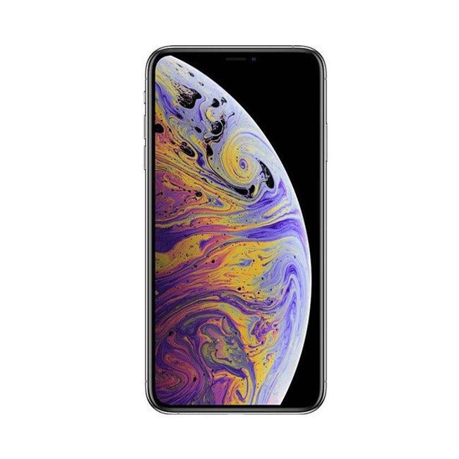 Unlocked iPhone XS smartphone with dark front and purple-gold swirl wallpaper