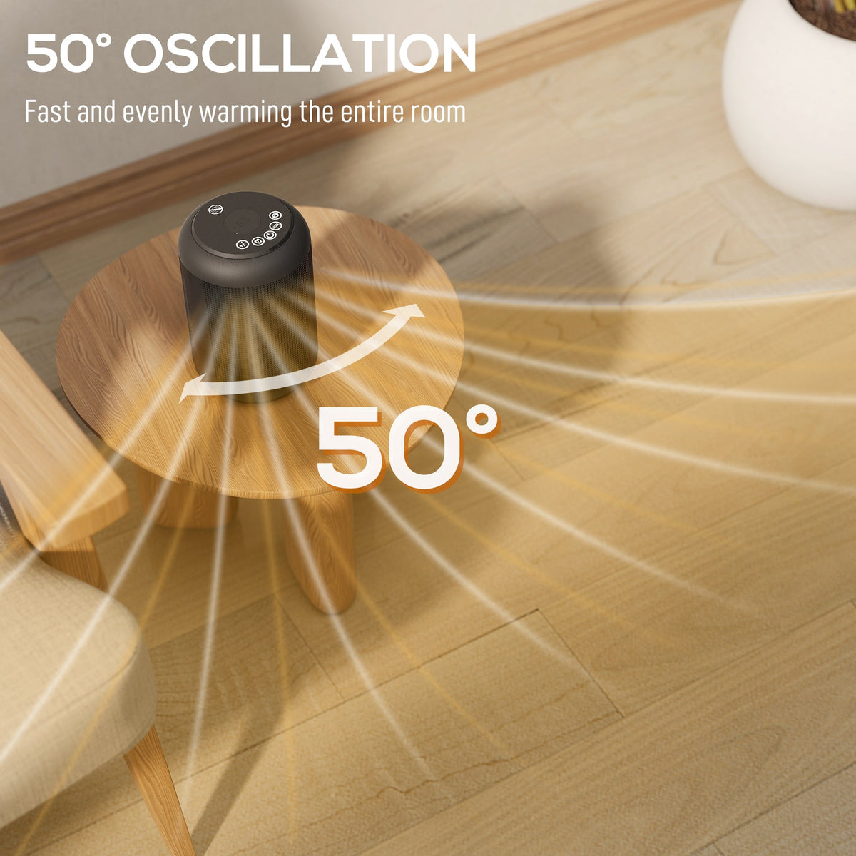 Black ceramic electric heater on table with glowing amber heating core