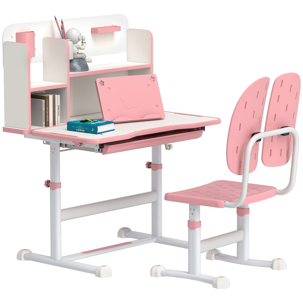 Pink kids height-adjustable desk with tiltable tabletop and matching chair set