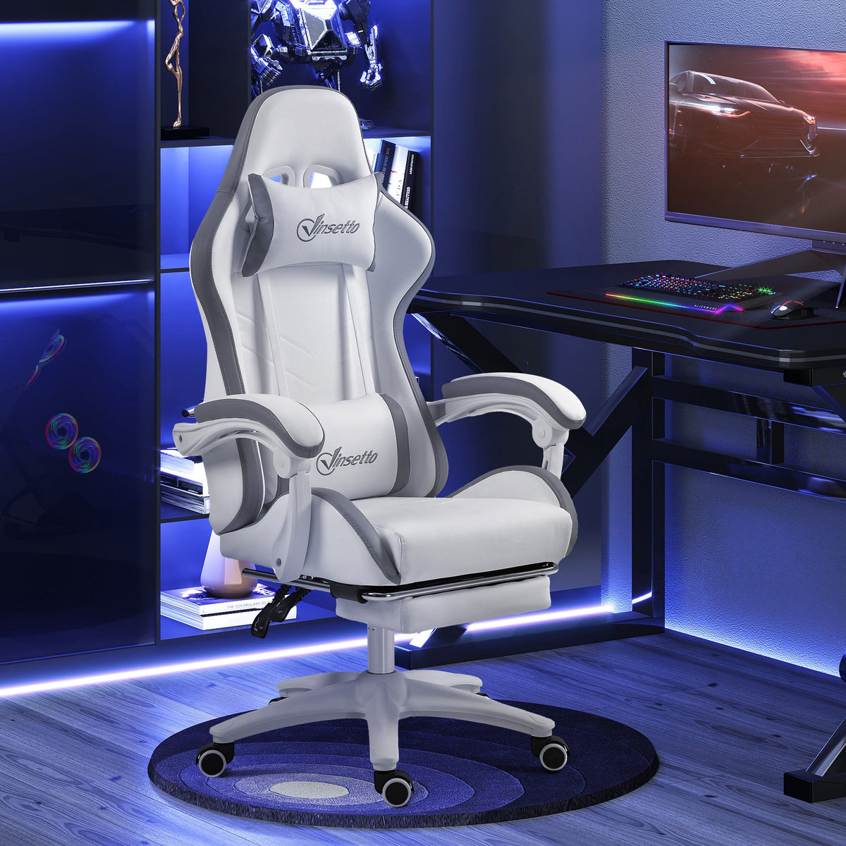 White and grey PU leather gaming chair with rounded headrest and armrests