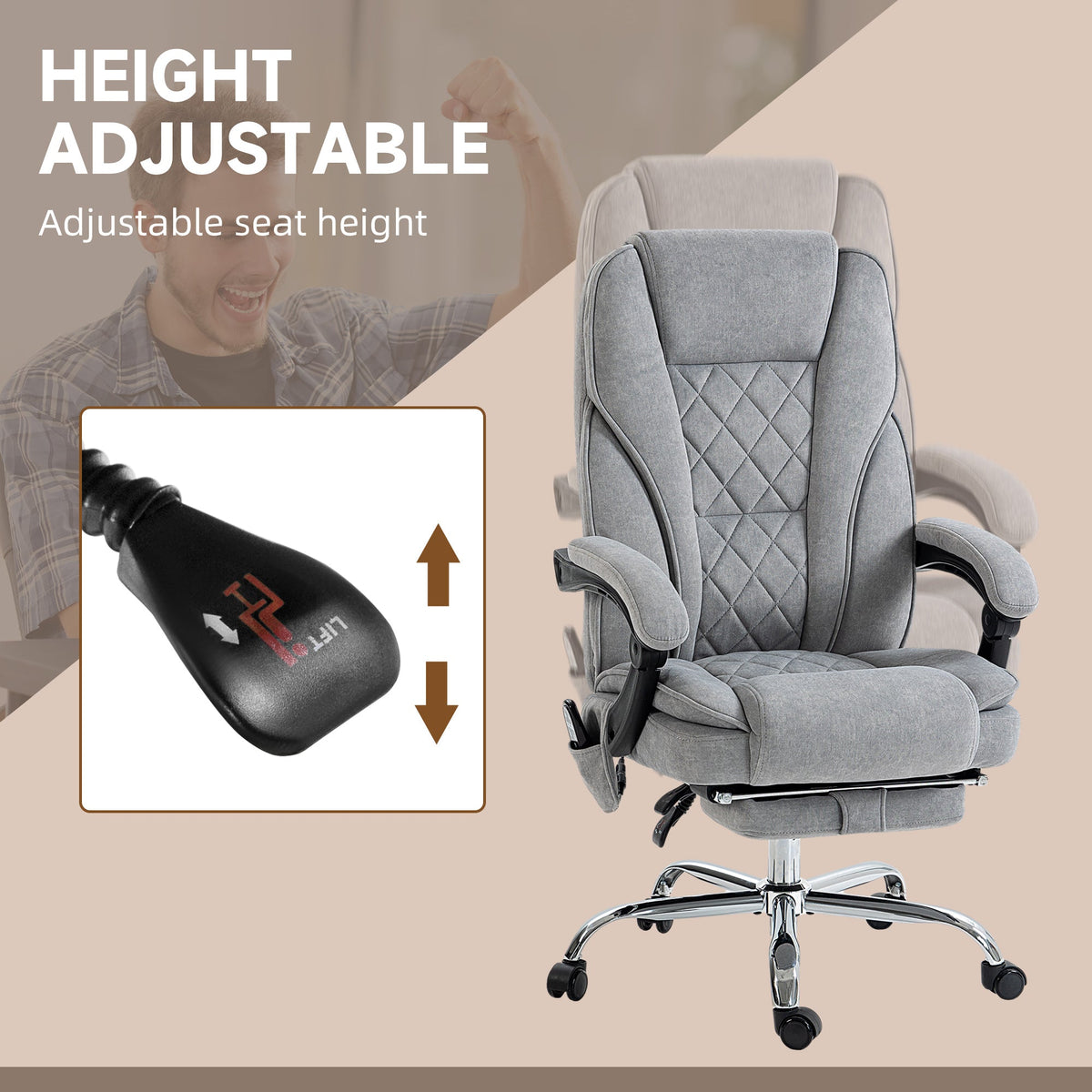 Grey height-adjustable recline chair with thick padding and padded armrests