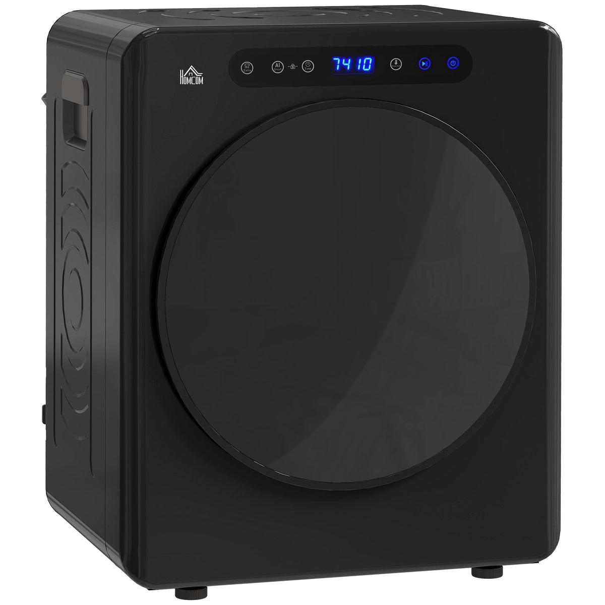 Black compact tumble dryer front view with circular glass door