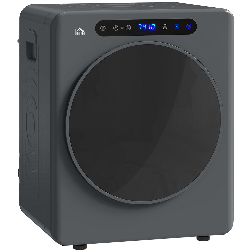 Grey compact front-load tumble dryer with round door and top control strip