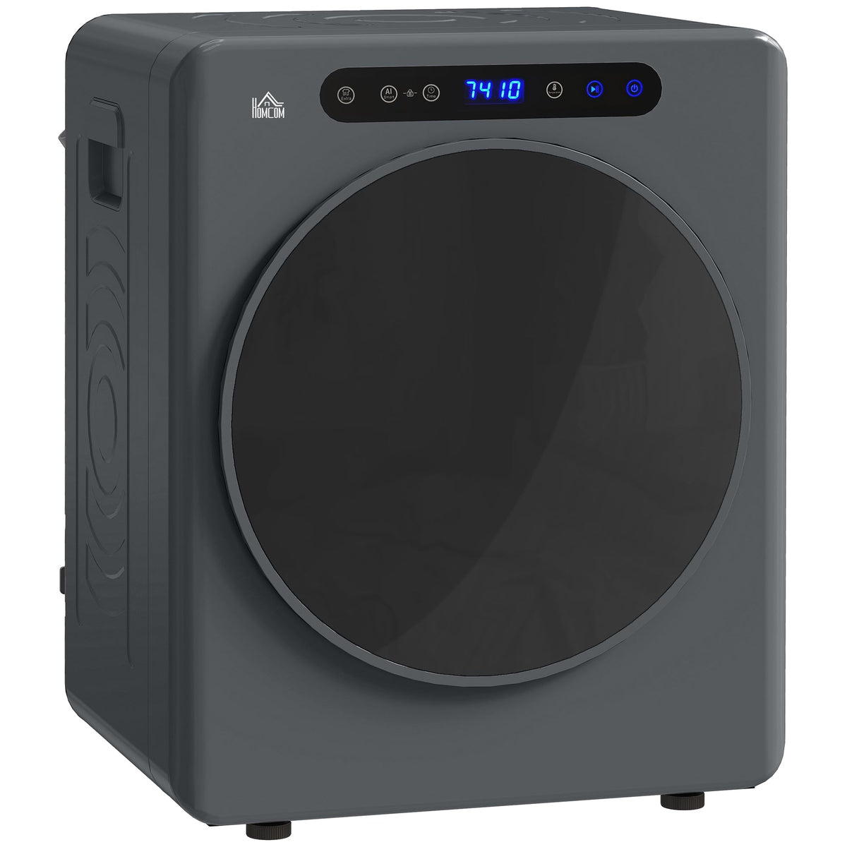 Grey compact front-load tumble dryer with round door and top control strip