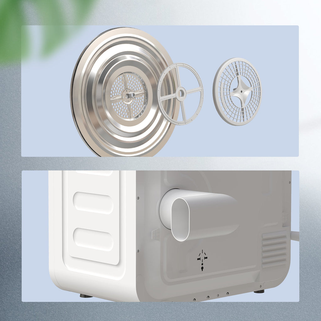 White tumble dryer rear view with vent outlet and circular filter grille
